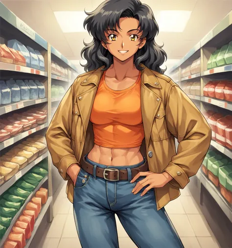 score_9, score_8_up, score_7_up, source_anime, masterpiece, best quality, anime, retro anime, 1 girl, solo, 00s anime, Navajo woman, black hair, short and wavy hair, yellow eyes, tan-bronze skin, athletic sexy body, denim jacket, orange shirt (midriff), be...