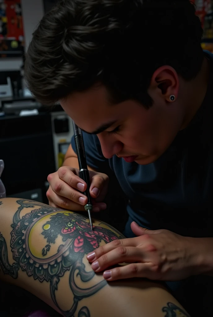 A tattoo artist is creating tattoo work on his customers skin