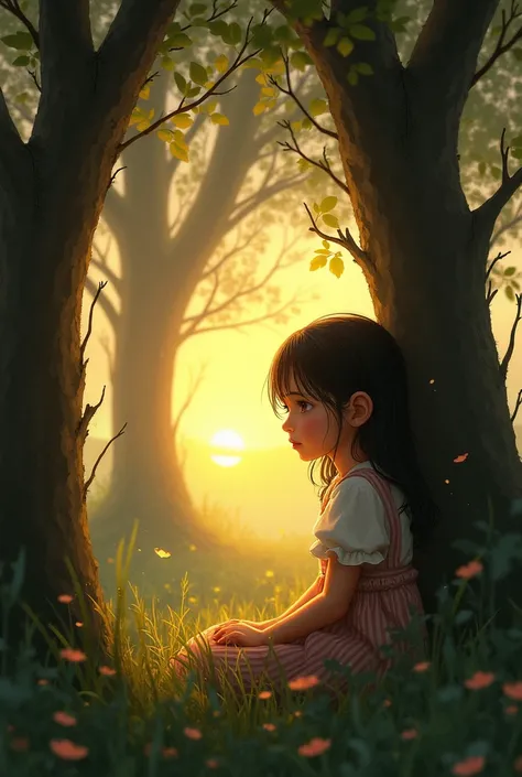 A  girl is sitting behind the trees watching over the sun hoping she would meet someone to talk and share her problems 