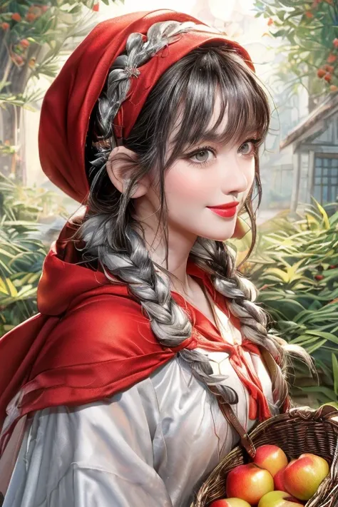 (ukiyoe painting:1.3),(3D Animation:1.3),(Fantasy style costumes),(Grimm fairy tale world),(Little Red Riding Hood,Little Red Riding Hood,red riding hood:1.3),(farmhouse entrance:1.3),(red little red riding hood:1.3),(((Red Tunic:1.3))),(((apples and bread...