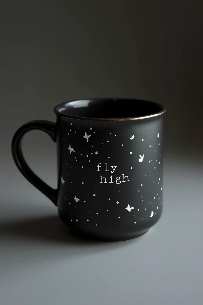 The mug, which he designed in a matte black color, resembles a peaceful night when it is decorated with stars. On its surface, he hand-painted small white birds in flight, as if flying towards the infinite sky, expressing his passion for freedom and aspira...