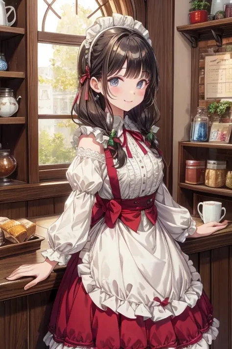 Top quality, super detailed, ((very delicate and beautiful)), A girl is smiling at the viewer from behind the cafe counter. , Long hair, straight hair, long sideburns, long hair, hair clip, princess cut bangs, baby face, black hair, trimmed bangs, blue eye...