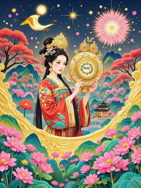 Splash-ink gold foil, sprinkled with gold, large freehand Chinese meticulous figure and scene, lanterns, fireworks, cloisonné enamel craft carved oversized text "2025 Happy New Year", the text filled with meticulous cloisonné flowers, outlined with thick g...