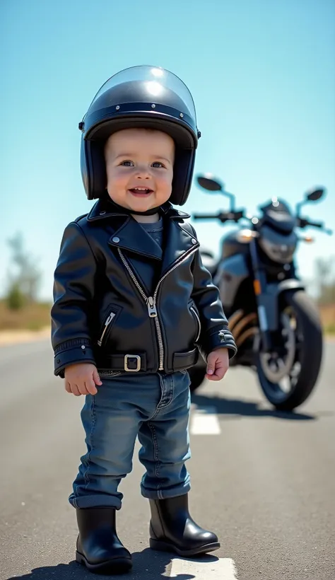 A one-year-old baby standing and dressed like a little biker, wearing a black leather jacket, jeans, and stylish boots. He also wears a custom biker helmet with the visor lifted, revealing his happy and joyful face. In the background, a stylish motorcycle ...