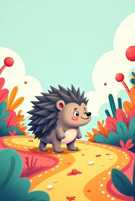 Create a cartoon gray hedgehog walking on 4 legs on a fun road