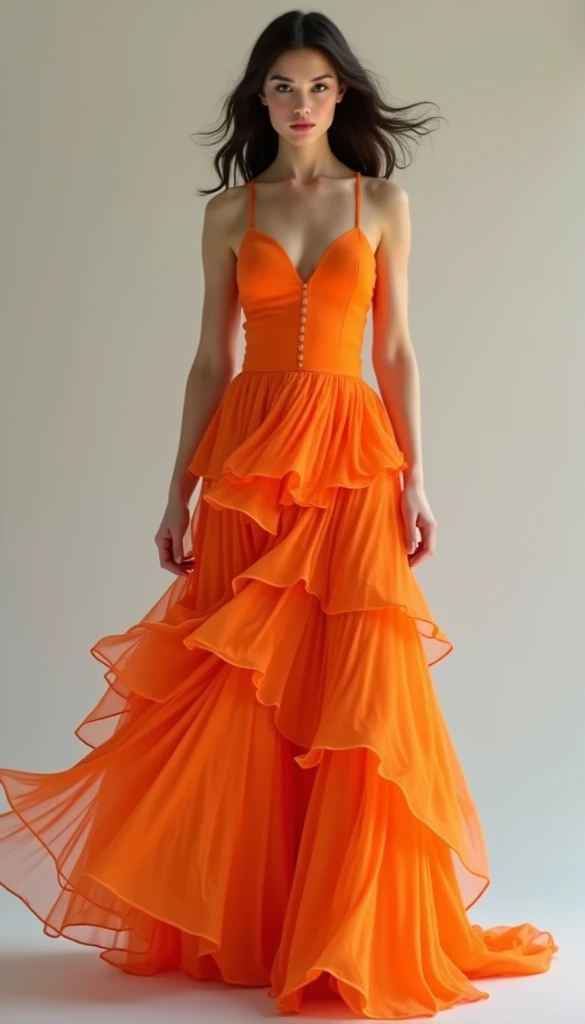 adult, 1girl,  medium breasts, full body, orange dress, layered   