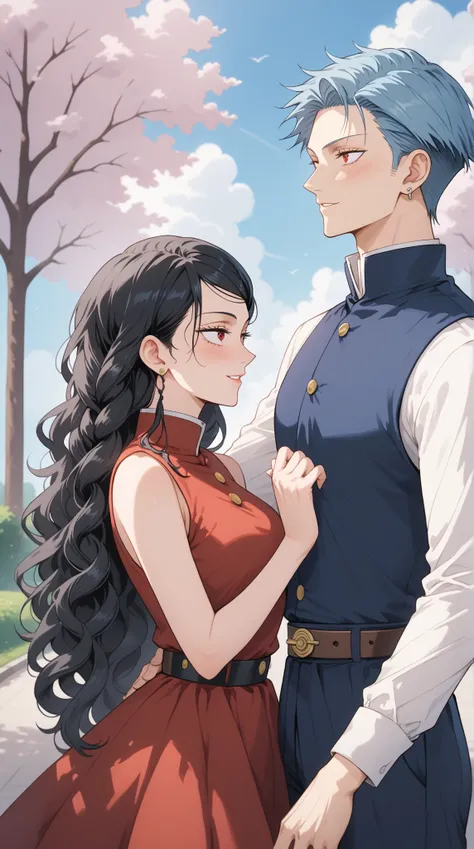 a couple, a man and a woman, at the park, a anime girl, 30 years old, baby blue hair, red eyes, she is dressing a cute red dress with neckline and garther belt, blushing, long hair, she is smilling,  styled hair with braids, extremelly curly long hair, she...