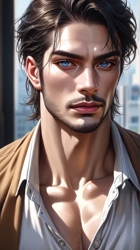 (best quality,4k,8k,highres,masterpiece:1.2),ultra-detailed,(realistic,photorealistic,photo-realistic:1.37),29 year old mahandsome anime,portraits,strong,masculine,dark hair,sharp jawline,mesmerizing eyes,perfectly styled hair,cool anime outfit,confident e...