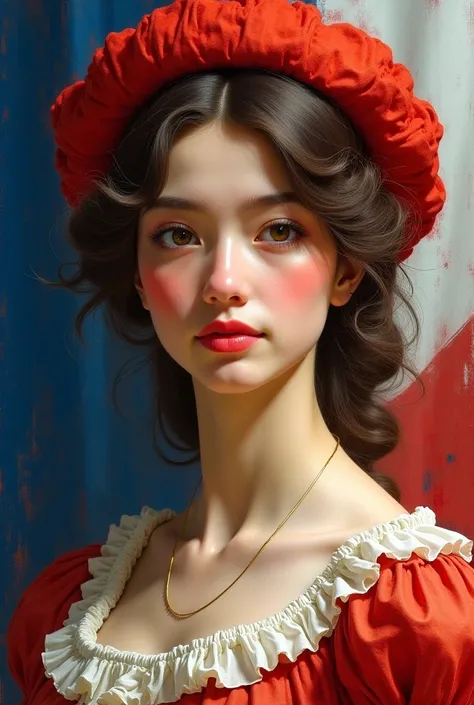 Visage dune très belle jeune femme représentant Marianne, avec un bonnet phrygien sur la tête, sur un fond tricolore bleu blanc rouge