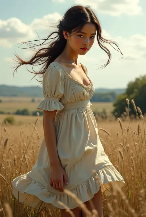 20-year-old peasant girl ,  dress too short the strong wind lifting her dress and shows her gender. She doesnt care about that .