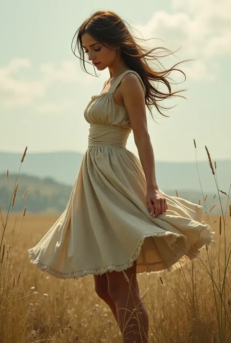 20-year-old peasant girl ,  dress too short the strong wind lifting her dress and shows her gender. She doesnt care about that .