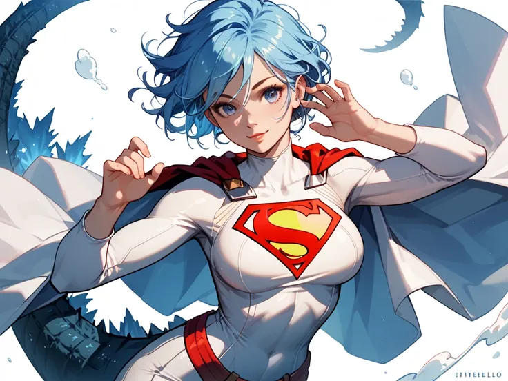 chica estilo anime, long loose blue hair, Breasts 34C, With Godzillas tail, Supermans white suit, sexy,  waist up, hero pose,  white background