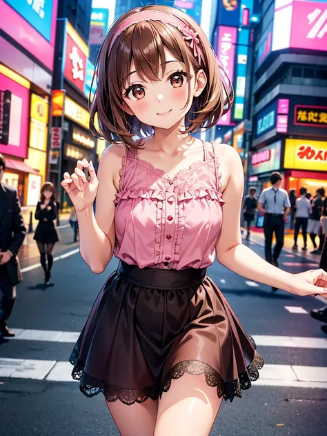 4K quality,cute,
brown eyes,Brown Hair,
30-year-old woman,1 person,small breasts,
pink blouse with open shoulders and lace,
black lace mini skirt,
pink hairband,
landmine fashion,
smile,short hair,Blurry Background,
Akihabara cityscape,