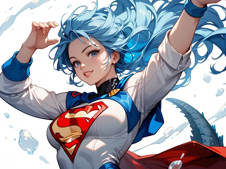 chica estilo anime, long loose blue hair, Breasts 34C, With Godzillas tail, Supermans white suit, sexy,  waist up, hero pose,  white background