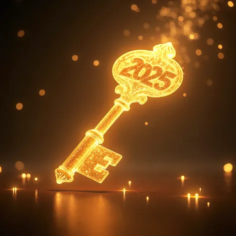 The very bright old door key made only of light and golden energy, very bright, na vertical com muitas luzes in a new year wish for 2025 setup