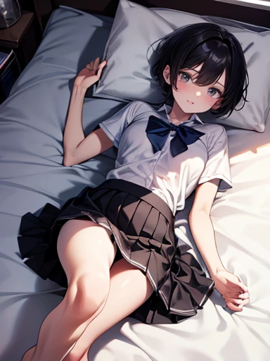  school uniform,((())), without makeup, high res, Pro Pictures, high res, small breasts,, slim,   lies on her back on the bed ,  Open your legs and show me your underwear, Scary look, My eyes are with my eyes , (( her skirt is rolled up)),  short hair with...