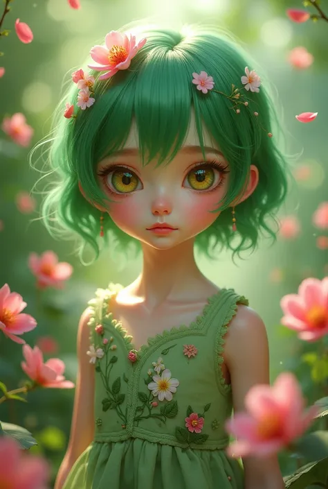  a girl approximately  , short green hair ,  small breasts,  wearing a green dress with plant-like embroidery, lots of pink flower petals ,  yellow eyes, beautiful, PIEL BLANCA, small back.