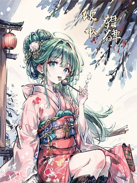 (( top quality )), ((masterpiece)), ( Details),Eating mochi,Japanese New Years Eve ,Japanese hoyō, show your teeth and laugh, shortcuts,Left and right buns, green hair, blue eyes,Winter outdoors,sunny