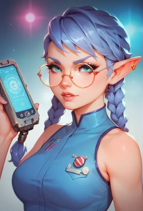 (1 girl) A cute gnome girl engineer from the space age, visibly shorter than a regular human, with long, pointed ears. She wears a futuristic silver and blue tech jumpsuit, covered in small tools and gadgets, with a toolbelt filled with advanced devices. H...