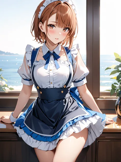  maid clothes, whole body, blush,  Lift Skirt , (Misaka Mikoto), Age 35, masterpiece:1.5, masterpiece, highest quality, UHD, retina, masterpiece, accurate anatomy, super detailed, high quality, best quality, 8k