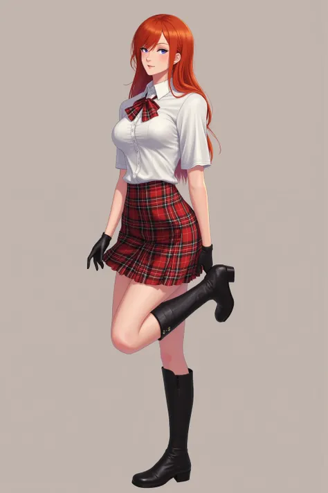 beautifull 18 year old redhead schoolgirl, in her uniform with shirt tie and tartan minikilt tucked in the shirt. She has long latex gloves and long leather heel boots. Shes touching her skirt. Cuerpo entero.