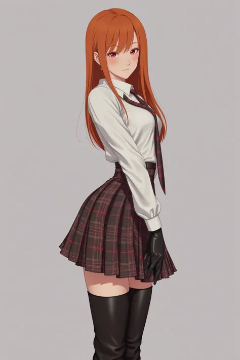 beautifull 18 year old redhead schoolgirl, in her uniform with shirt tie and tartan minikilt tucked in the shirt. She has long latex gloves and long leather heel boots. Shes touching her skirt. Cuerpo entero.