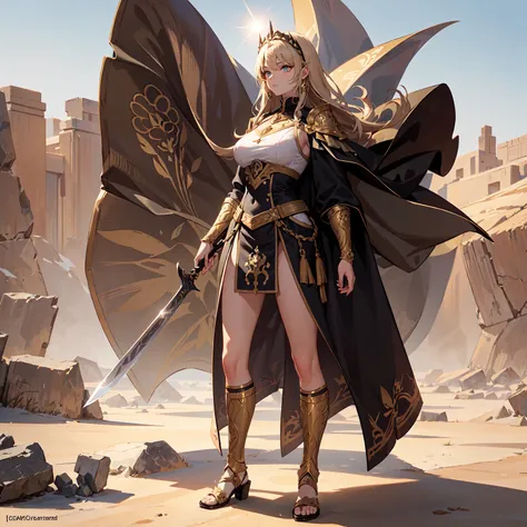 (((masterpiece, best quality, high detailed, 16k))) (1girl) A tall, sun-kissed female warrior with short, sandy blonde hair, tied back in a tight braid. Her amber eyes gleam with fierce determination, and her skin is tanned from countless battles under the...