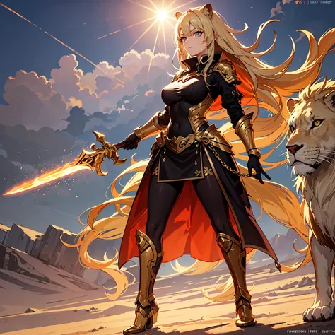 (((masterpiece, best quality, high detailed, 16k))) (1girl) A radiant female warrior with a mane of golden hair flowing like the suns rays. Her eyes shine with the intensity of a lioness ready to strike. Her golden armor glows with warmth, emblazoned with ...