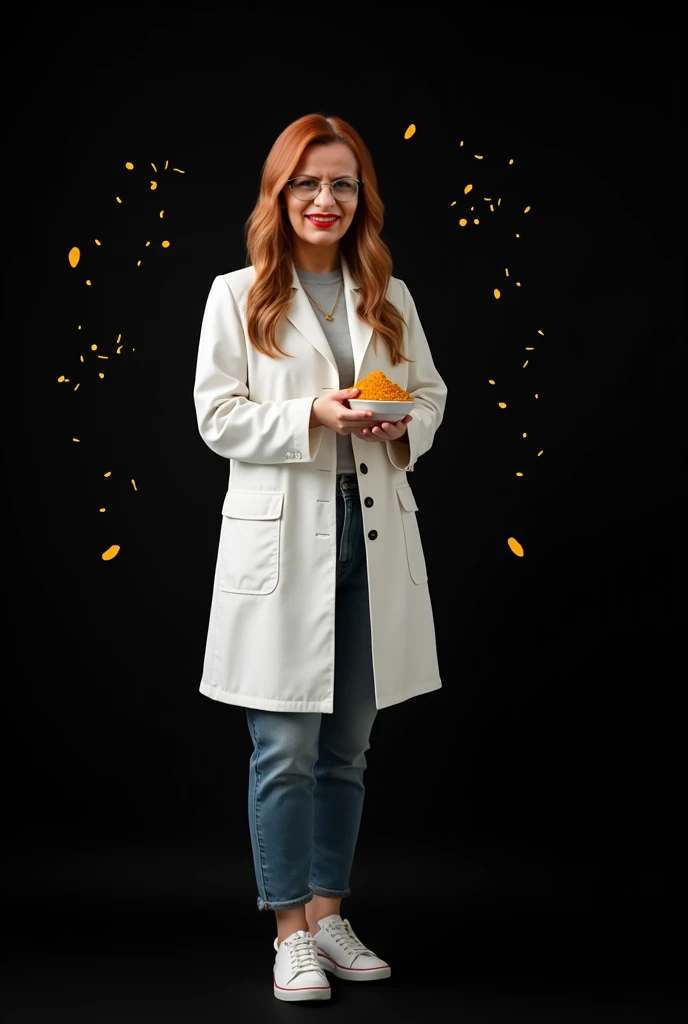 Medium-height female nutritionist ,  white with black-rimmed lenses, semi-vinotinto hair with a background of natural flora showing healthy fruits and foods and a rate of ground turmeric