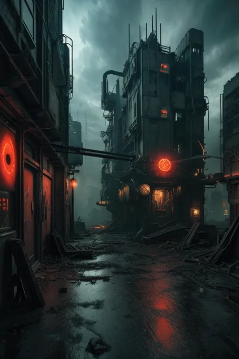 cyberpunk hieronymus bosch, hellish dystopian landscape, dark futuristic cityscape, industrial machinery, glowing neon lights, crumbling buildings, surreal distorted figures, ominous atmosphere, intricate detailed painting, moody dramatic lighting, deep sa...