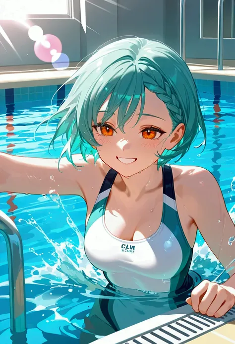 1girl, solo, swimming, (best quality), 8k, masterpiece, aqua hair, short hair, braided bangs hairstyle, calm, relax, BREAK, orange eyes, smiling face, BREAK, medium breasts, BREAK, white sling swimsuit, BREAK, swimming pool scenario, shoulders submerged, s...