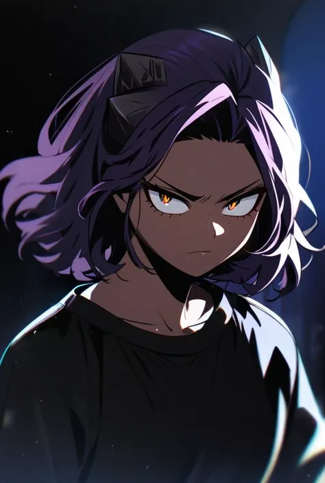 anime, A girl,  boku no hero Academia , Cats amber eyes ,  dark purple hair, very dark skin,  medium hair, hair with highlights, Hime Court, black sweatshirt,  Has light freckles on the cheek, Serious look, Hairpods,  