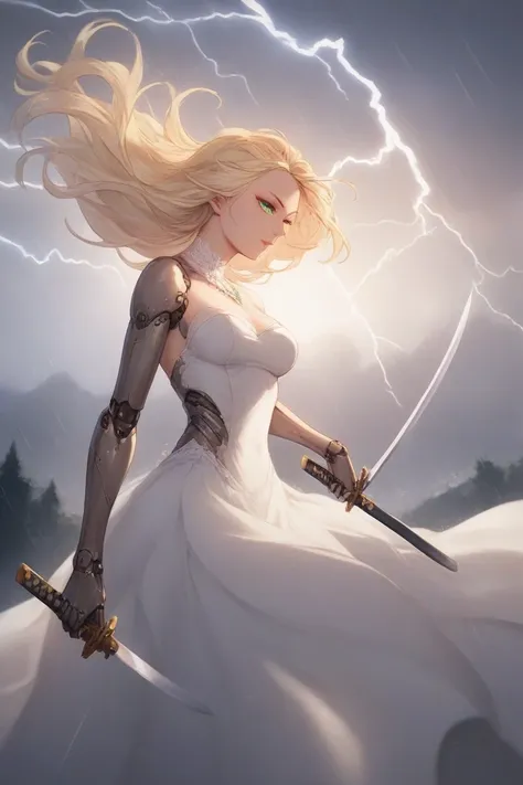 Android, beautiful, girl, cybernetic, cyborg, pretty, green_eyes, elegant, cartoon, blonde, katana, seams, metal, sexy, falling_through_clouds, black_metal, white_dress, lightning, rain, dark, storm