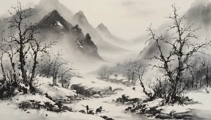  black and white highest quality image、Ink painting、scenery、Winter blizzard 