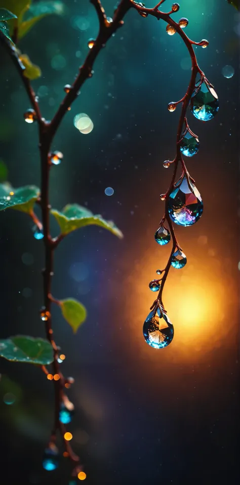 cinematic photo macro photo, sparkling dewdrops cling to a magical fantasy glass vine that runs from a high branch at the top near us down into molten lava, galaxy fantasy colors, [vertical orientation], open center area made of old paper. . 35mm photograp...