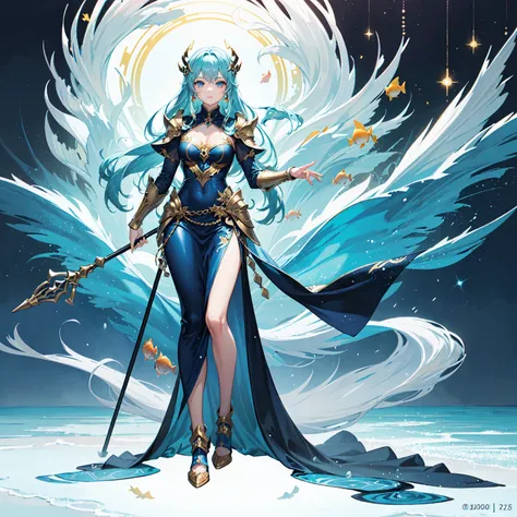 (((masterpiece, best quality, high detailed, 16k))) (1girl) A serene female warrior with long, flowing aquamarine hair and deep, tranquil blue eyes. Her armor is made of shimmering scales, reflecting the colors of the ocean. She carries a staff adorned wit...