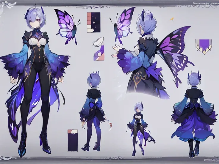 ((Butterfly anthropomorphism)) ((anthropomorhism of a Butterfly) concept art，pretty character design, character reference sheet，[androgynous character design] [Character design]，1woman in, ((Character information)) (Butterfly character) [flat chest] (Butte...