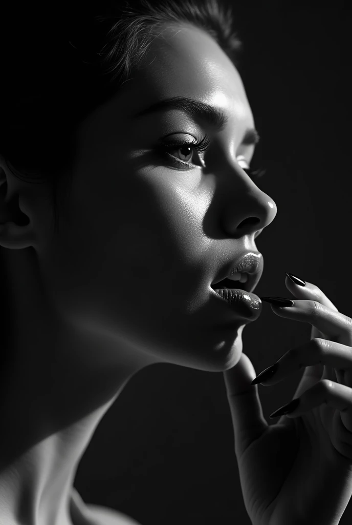 Create a dramatic black-and-white composition of a woman’s side profile in soft, shadowed lighting. Her face is angled slightly upward, emphasizing her sharp features and the elegant curve of her jawline. Highlight her glossy, pointed nails gently grazing ...