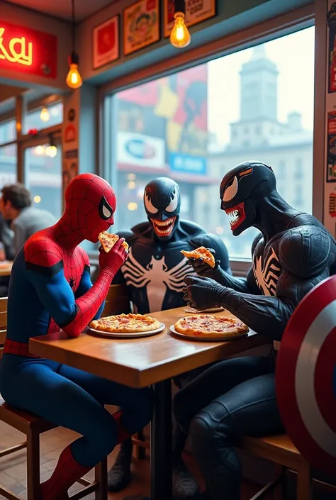 A wide-angle view of the pizza shop with Spider-Man, Venom, and Captain America enjoying pizza."