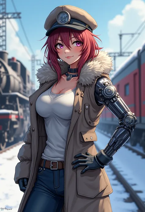  A female train mechanic wearing winter clothes. She has a prosthesis instead of her right arm . she has big breasts.  anime style