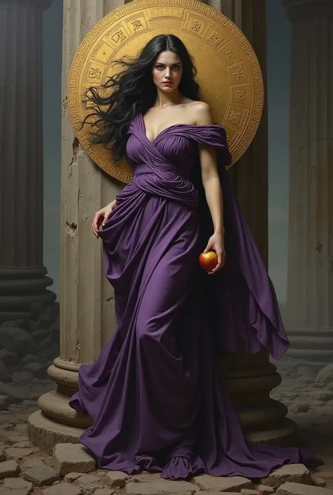  Ancient Greek style ,greek art, a classic oil painting of the Greek goddess Eris the goddess of chaos ,From the discord , of the disagreements , of ghostly rivalry Orica of Black Smoke , portrayed in her original and traditional form . It is on a large ru...