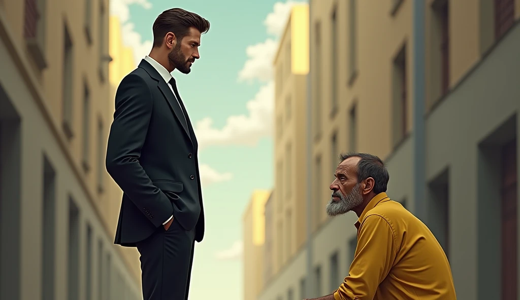 A digital depiction of the tall man (The Tall Man: A confident, tall figure in a sharp business black suit, clean-shaven, neatly combed hair, and a calm, authoritative demeanor) speaking to the beggar (The Beggar: A thin man wearing tattered yellow clothes...