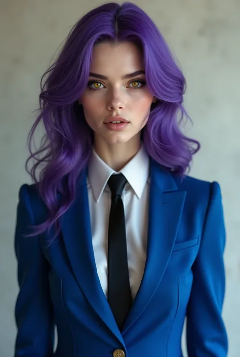 woman with long purple hair,  white skin ,  yellow eyes . She wears an all-blue suit and a black tie. realistic.