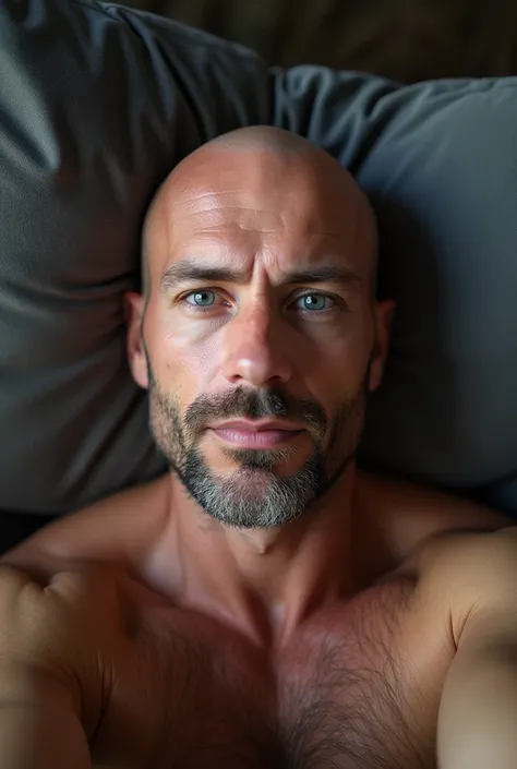  bald 40-year-old man lying on the couch,  shot close to face , selfie photography, 48 year old men, muscled, nude, hairy body, blue dark eyes