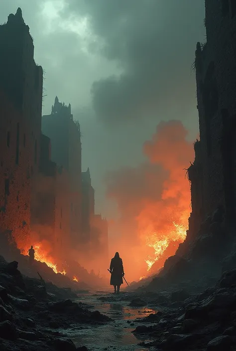 visions of a medieval kingdom on the brink of ruin shrouded in smoke and flames with one with a distant figure wielding a sword .