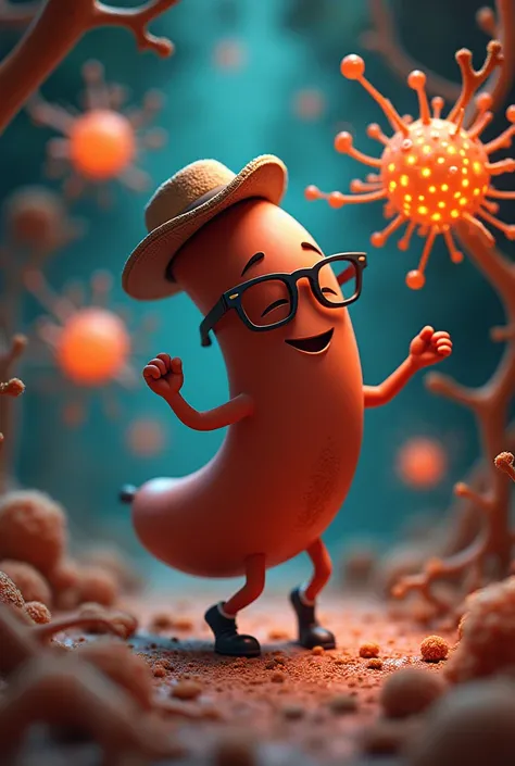 A sausage with glasses and a cap dancing in a brain with 3 neurons