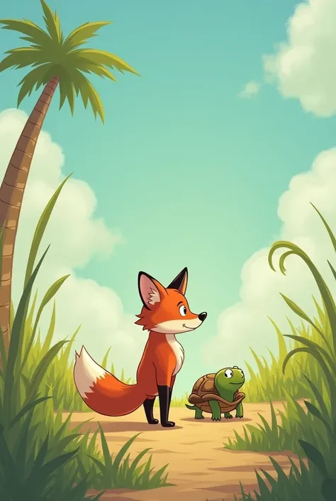 a fox walks away from Tiny a turtle, cartoon