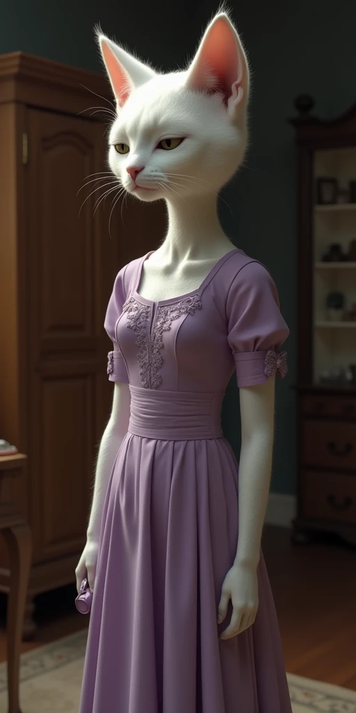 Character: A humanoid white cat wearing a silk lavender dress with detailed embroidery at the chest. The character has a solemn and introspective posture while holding a small object (possibly a purse or a case).
Background: A dimly lit room with a large w...