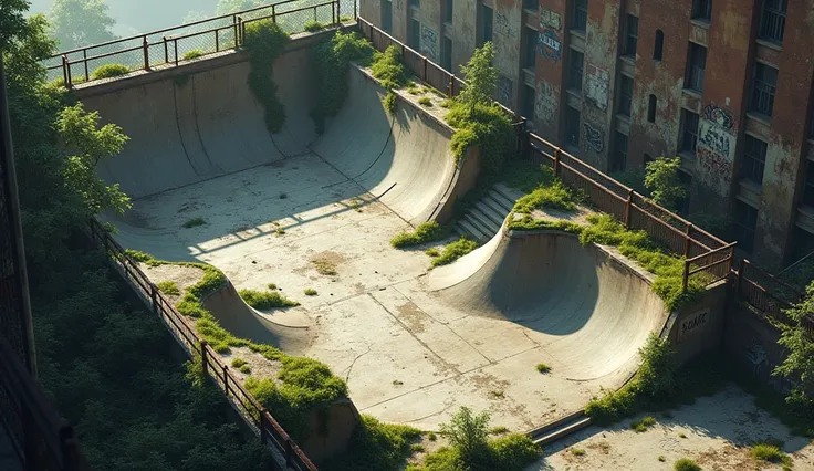 Detailed Top-down DND battle map of an abandoned skatepark, spooky, urban, dungeons and dragons map