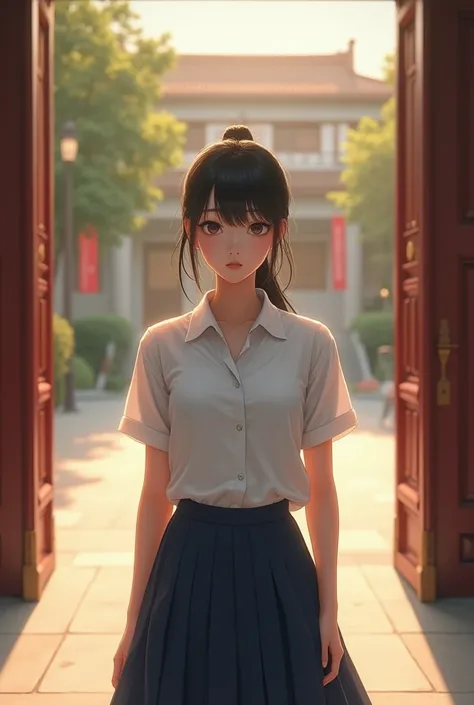 A Chinese high school girl wearing a summer uniform
Standing at the entrance of the school
Look at me with disgust